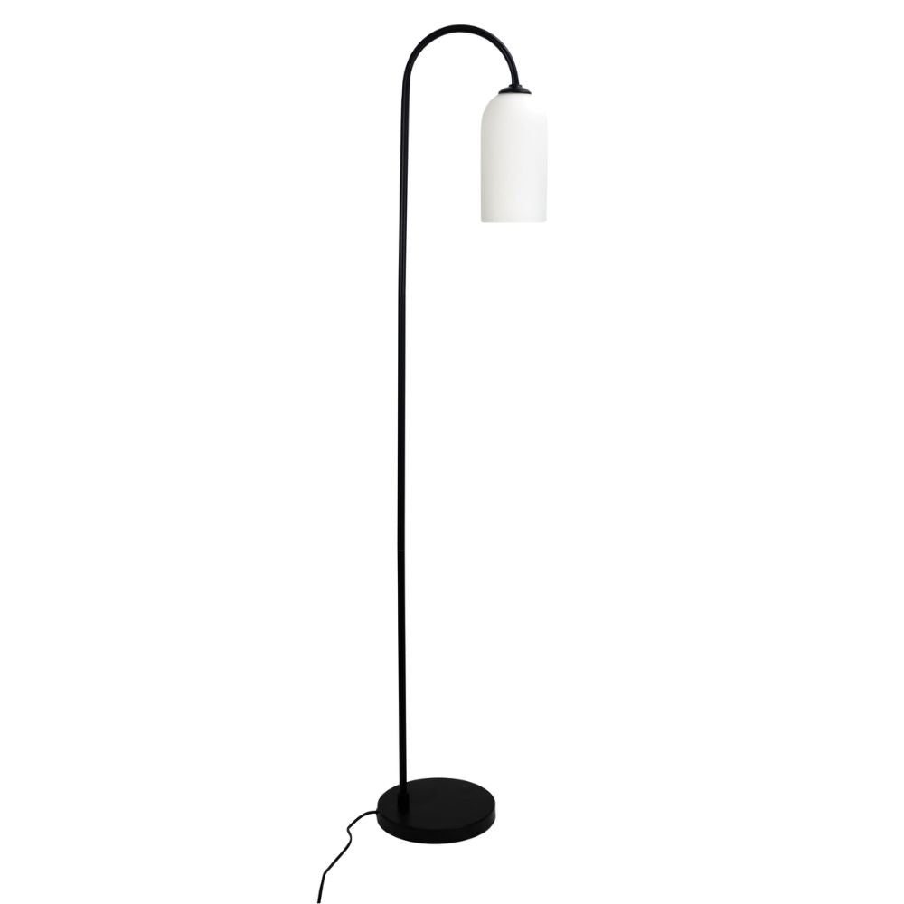 Metal floor lamp with store glass shade