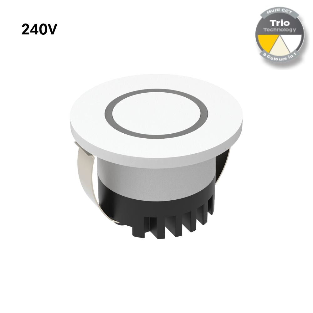 Domus AURA-240V-RND-WHT - 3W LED Tri-Colour Recessed 45mm Round LED Steplight IP20 240V White-Domus Lighting-Ozlighting.com.au