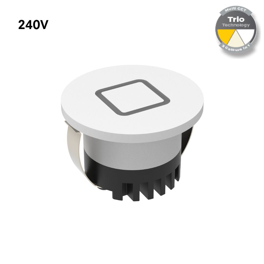 Domus AURA-240V-RND-WHT - 3W LED Tri-Colour Recessed 45mm Round LED Steplight IP20 240V White-Domus Lighting-Ozlighting.com.au