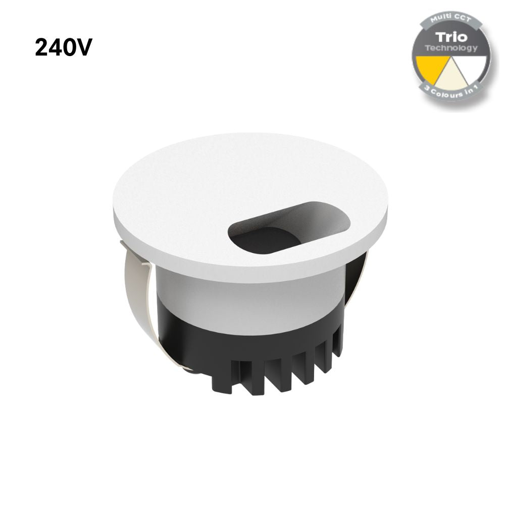 Domus AURA-240V-RND-WHT - 3W LED Tri-Colour Recessed 45mm Round LED Steplight IP20 240V White-Domus Lighting-Ozlighting.com.au