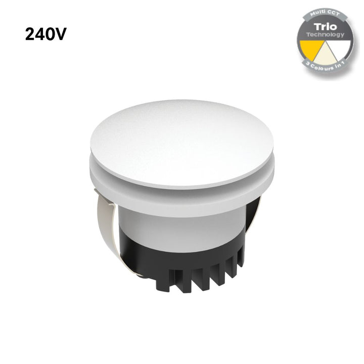 Domus AURA-240V-RND-WHT - 3W LED Tri-Colour Recessed 45mm Round LED Steplight IP20 240V White-Domus Lighting-Ozlighting.com.au