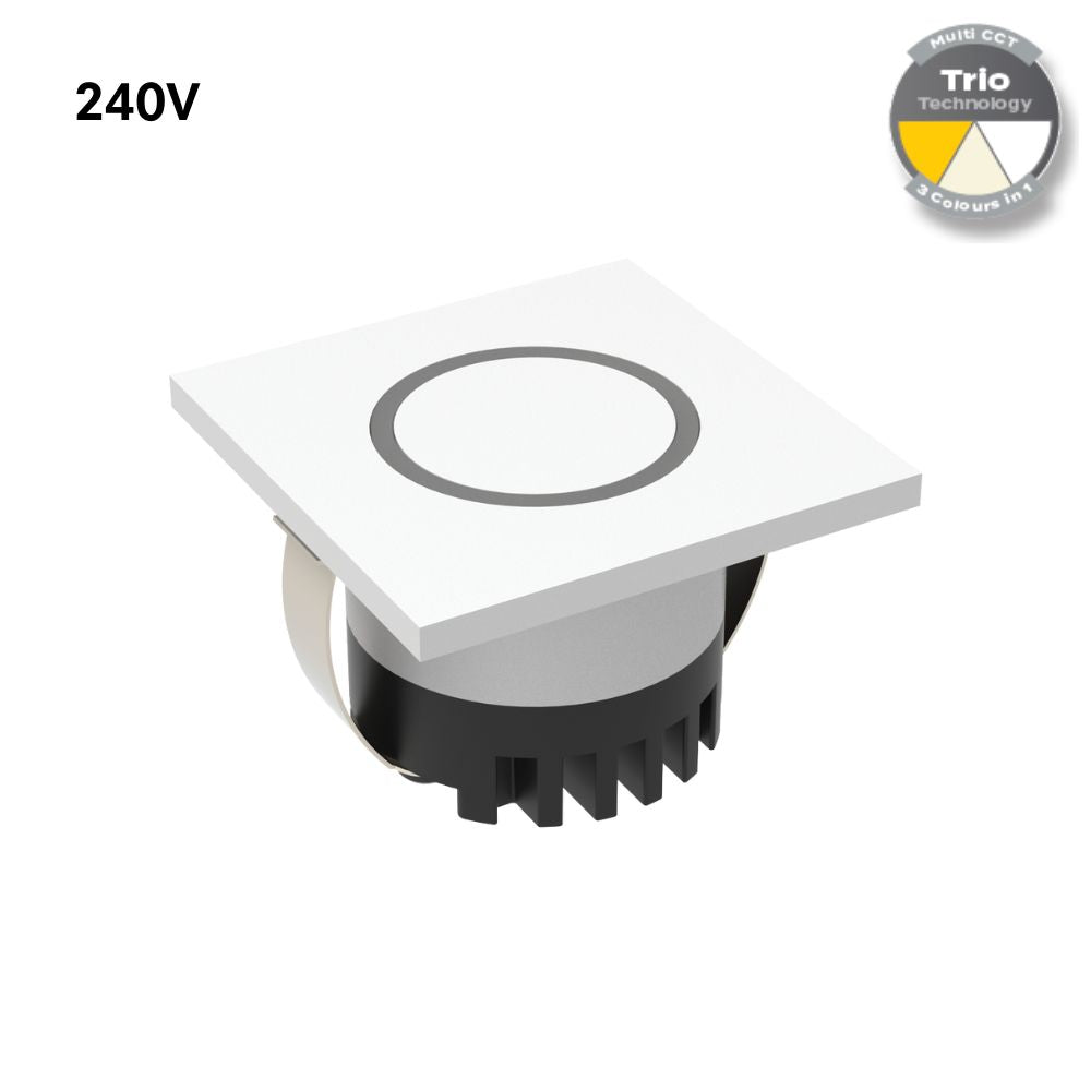 Domus AURA-240V-SQR-WHT - 3W LED Tri-Colour Recessed 45mm Square LED Steplight IP20 240V White-Domus Lighting-Ozlighting.com.au