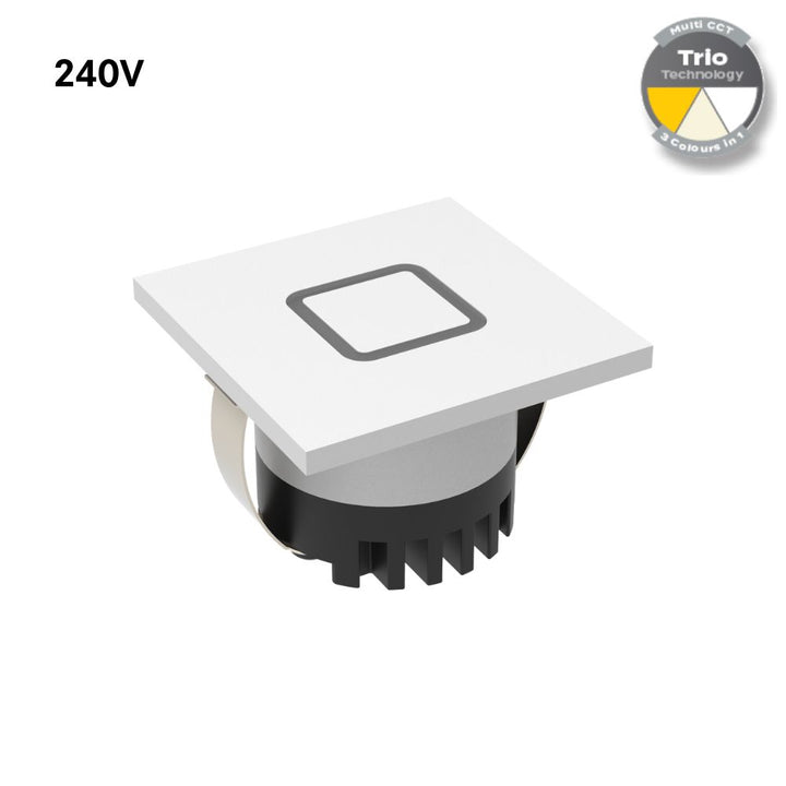 Domus AURA-240V-SQR-WHT - 3W LED Tri-Colour Recessed 45mm Square LED Steplight IP20 240V White-Domus Lighting-Ozlighting.com.au