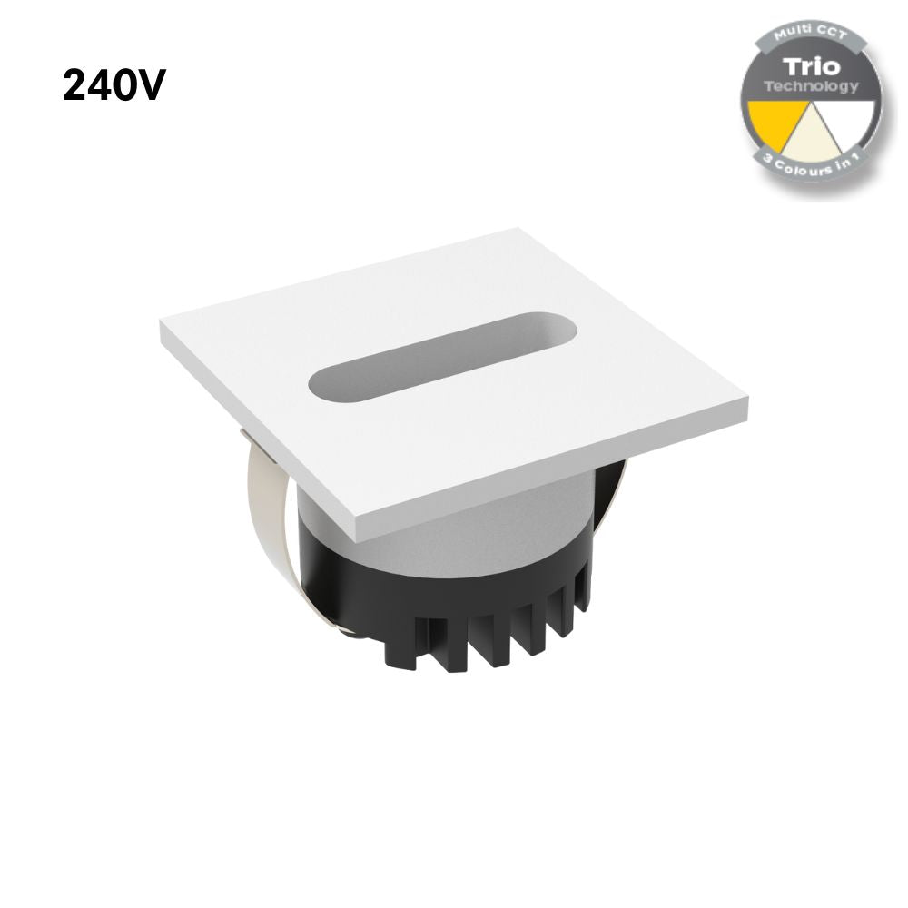 Domus AURA-240V-SQR-WHT - 3W LED Tri-Colour Recessed 45mm Square LED Steplight IP20 240V White-Domus Lighting-Ozlighting.com.au