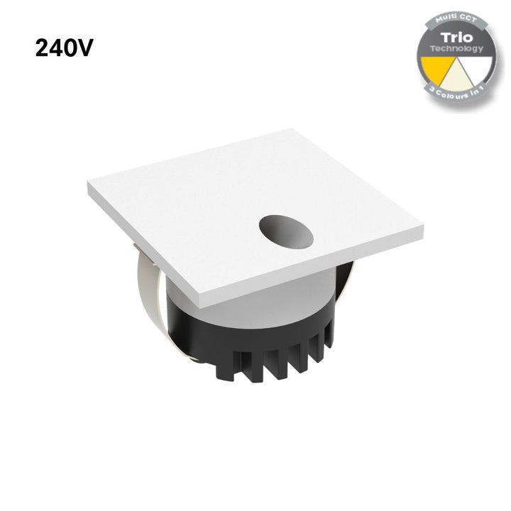 Domus AURA-240V-SQR-WHT - 3W LED Tri-Colour Recessed 45mm Square LED Steplight IP20 240V White-Domus Lighting-Ozlighting.com.au