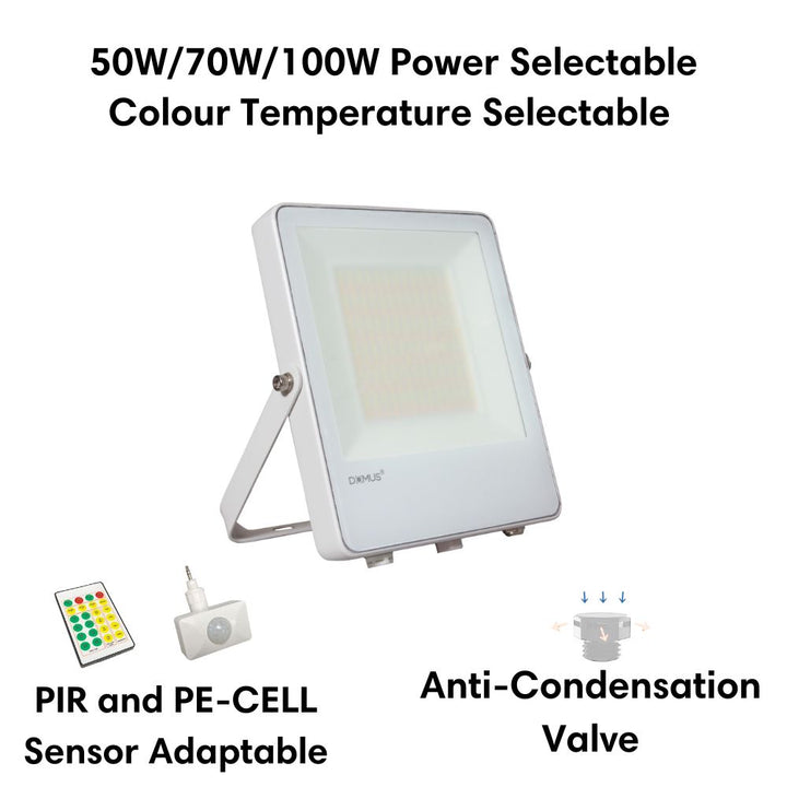 Domus BLAZE-PRO-100 - 50/70/100W LED Tri-Colour Power Selectable Sensor Adaptable Small Size DIY Floodlight IP66 White-Domus Lighting-Ozlighting.com.au