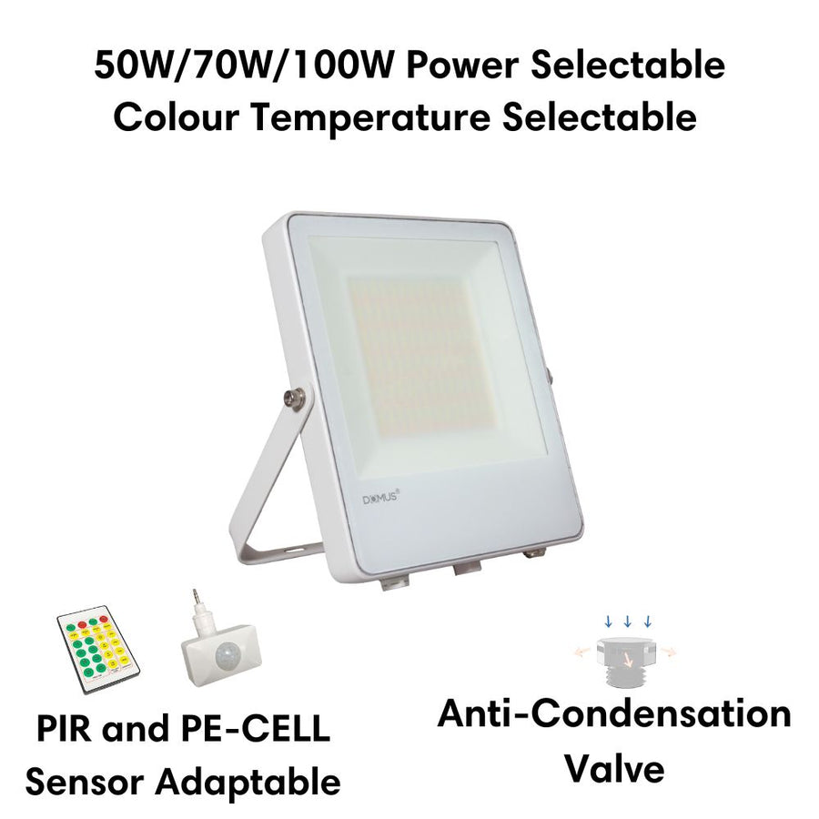 Domus BLAZE-PRO-100 - 50/70/100W LED Tri-Colour Power Selectable Sensor Adaptable Small Size DIY Floodlight IP66 White-Domus Lighting-Ozlighting.com.au