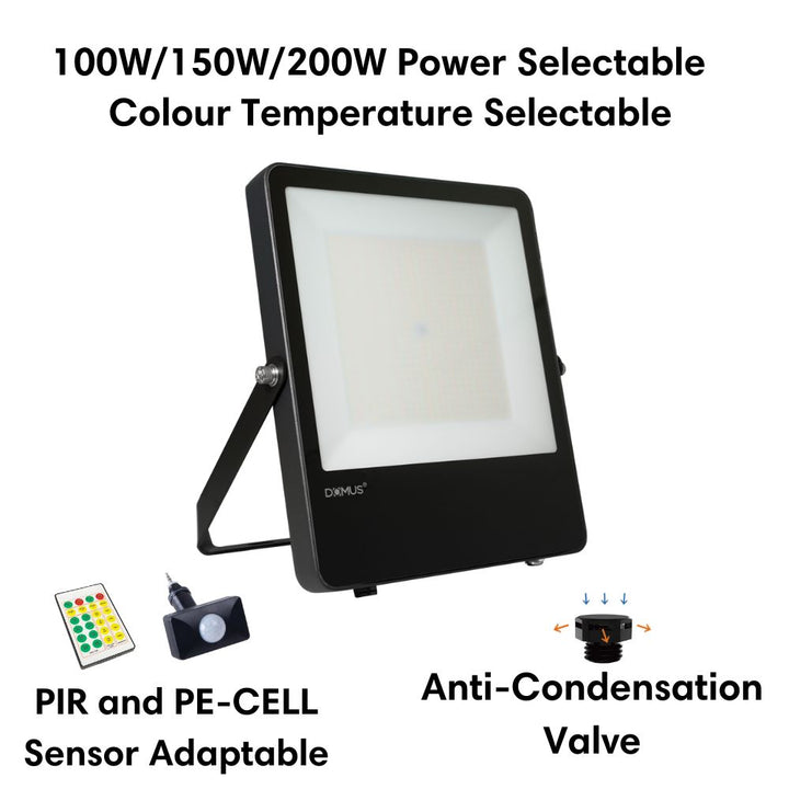 Domus BLAZE-PRO-200 - 100/150/200W LED Tri-Colour Power Selectable Sensor Adaptable Medium Size DIY Floodlight IP66 Black-Domus Lighting-Ozlighting.com.au