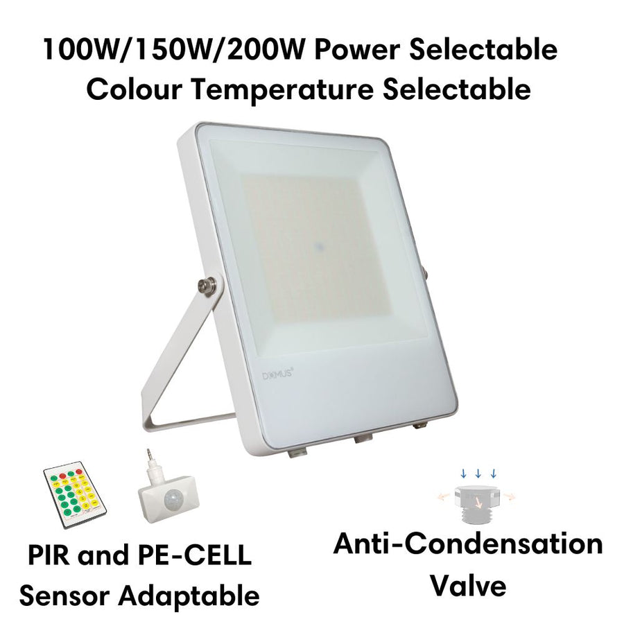 Domus BLAZE-PRO-200 - 100/150/200W LED Tri-Colour Power Selectable Sensor Adaptable Medium Size DIY Floodlight IP66 White-Domus Lighting-Ozlighting.com.au