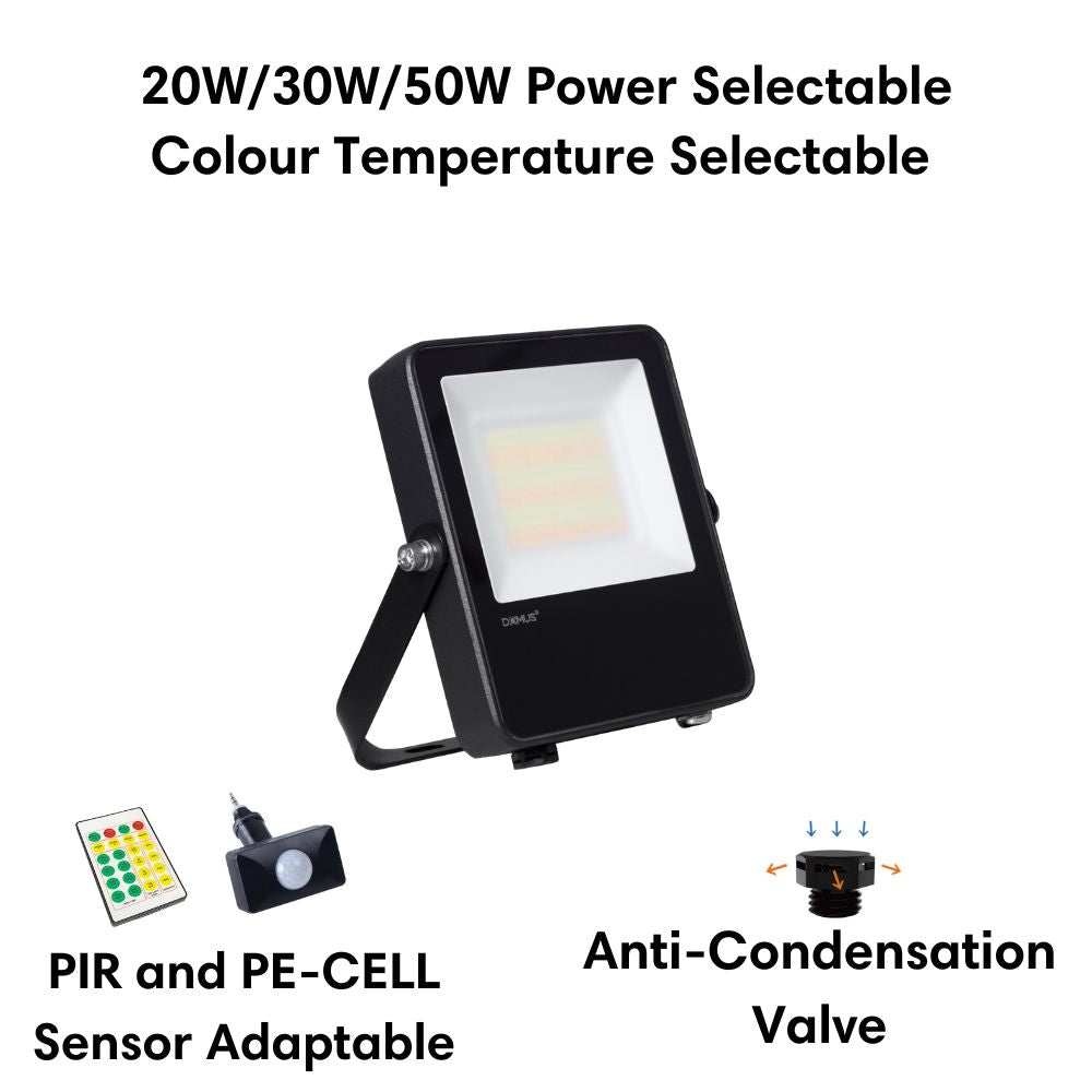 Domus BLAZE-PRO-50 - 20/30/50W LED Tri-Colour Power Selectable Sensor Adaptable Mini Size DIY Floodlight IP66 Black-Domus Lighting-Ozlighting.com.au