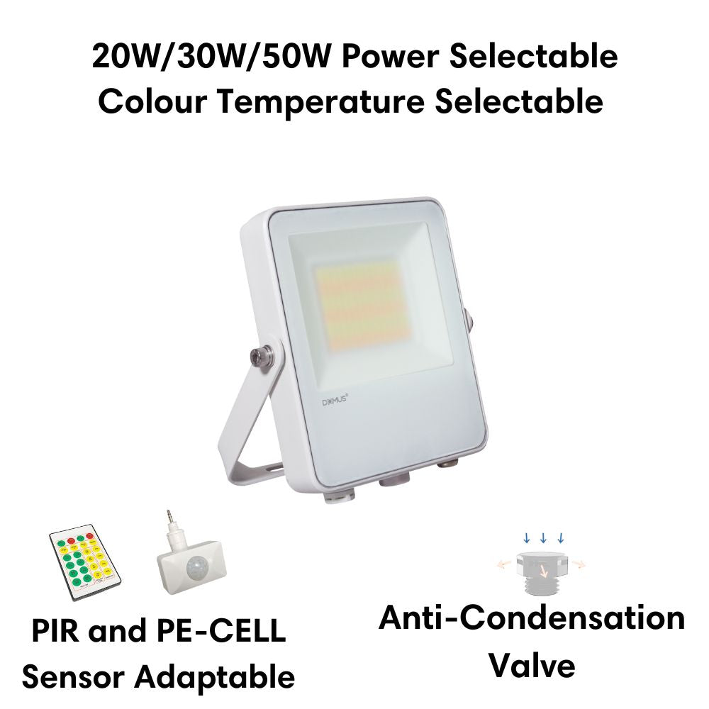 Domus BLAZE-PRO-50 - 20/30/50W LED Tri-Colour Power Selectable Sensor Adaptable Mini Size DIY Floodlight IP66 White-Domus Lighting-Ozlighting.com.au