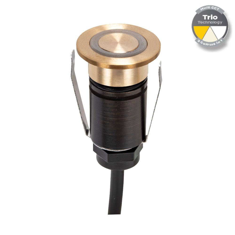 Domus EMIT-25-TRIO-BRS - 1W LED 12/24V DC Tri-Colour 25mm Micro Recessed Step & Inground Light IP67 Brushed Brass - DRIVER REQUIRED-Domus Lighting-Ozlighting.com.au