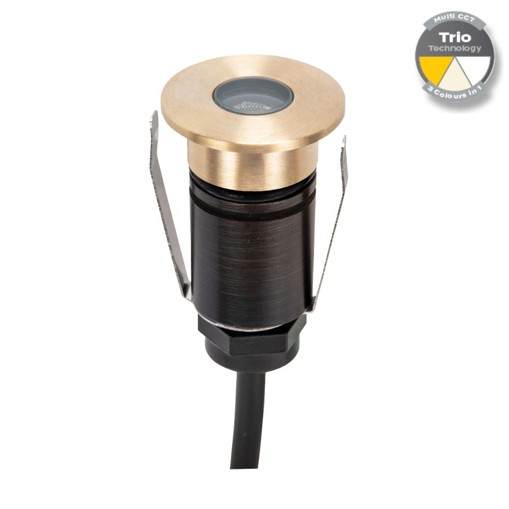 Domus EMIT-25-TRIO-BRS - 1W LED 12/24V DC Tri-Colour 25mm Micro Recessed Step & Inground Light IP67 Brushed Brass - DRIVER REQUIRED-Domus Lighting-Ozlighting.com.au