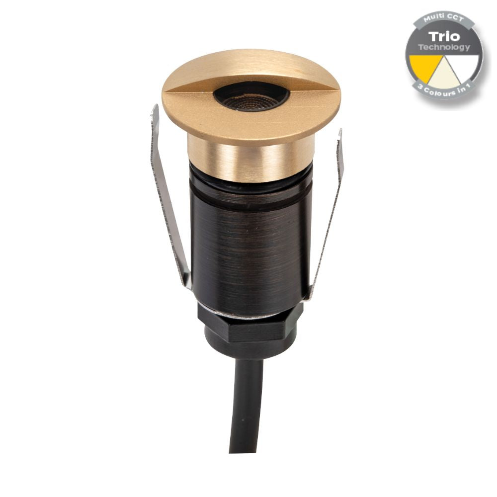 Domus EMIT-25-TRIO-BRS - 1W LED 12/24V DC Tri-Colour 25mm Micro Recessed Step & Inground Light IP67 Brushed Brass - DRIVER REQUIRED-Domus Lighting-Ozlighting.com.au