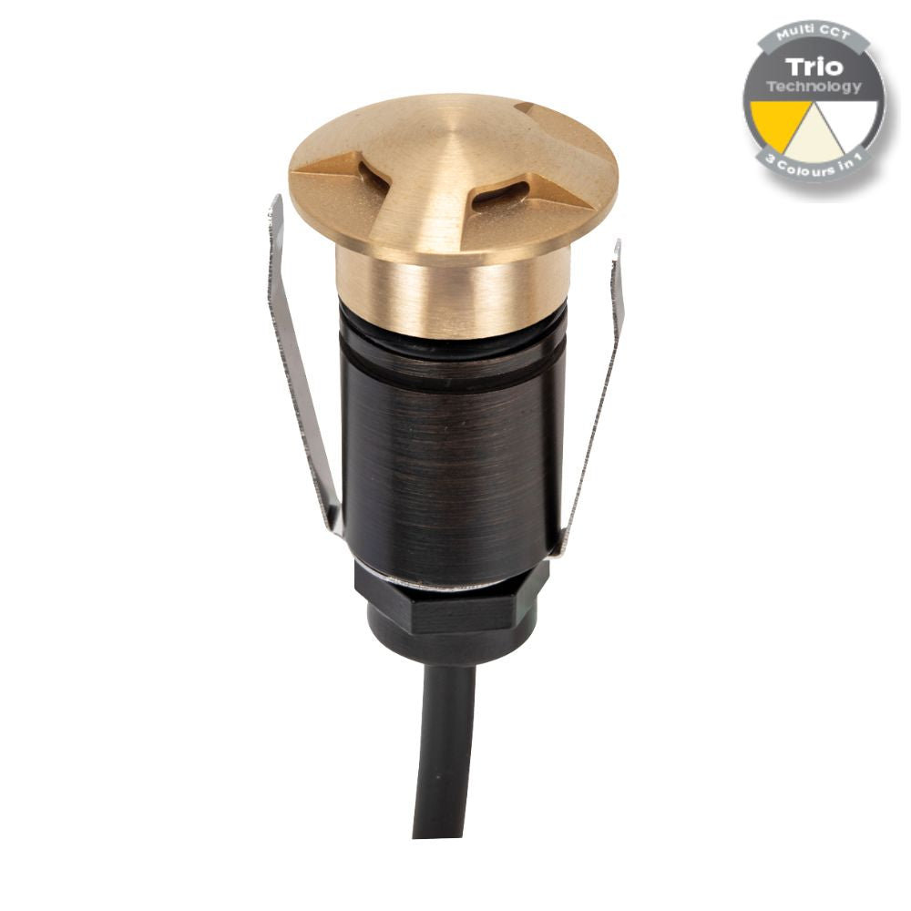 Domus EMIT-25-TRIO-BRS - 1W LED 12/24V DC Tri-Colour 25mm Micro Recessed Step & Inground Light IP67 Brushed Brass - DRIVER REQUIRED-Domus Lighting-Ozlighting.com.au