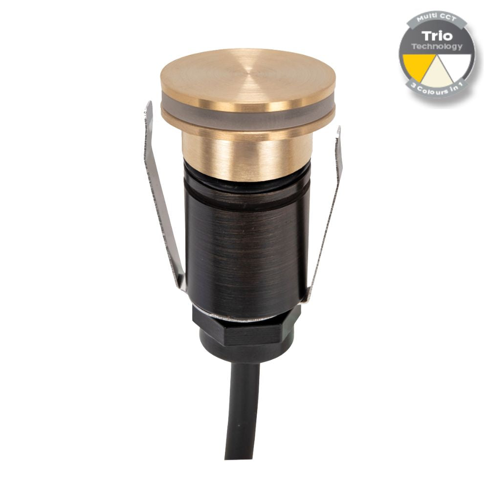 Domus EMIT-25-TRIO-BRS - 1W LED 12/24V DC Tri-Colour 25mm Micro Recessed Step & Inground Light IP67 Brushed Brass - DRIVER REQUIRED-Domus Lighting-Ozlighting.com.au