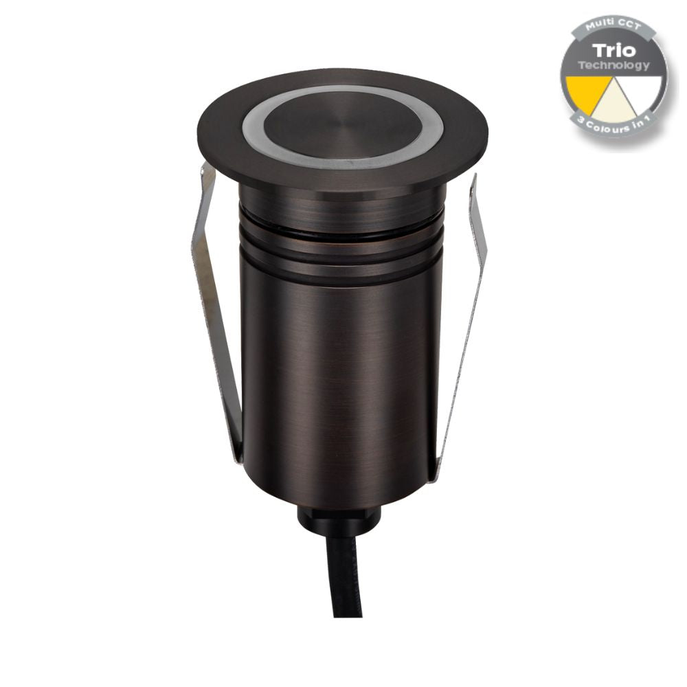 Domus EMIT-55-TRIO-AB - 2.5W LED 12/24V DC Tri-Colour 55mm Mini Recessed Step & Inground Light IP67 Antique Brass - DRIVER REQUIRED-Domus Lighting-Ozlighting.com.au