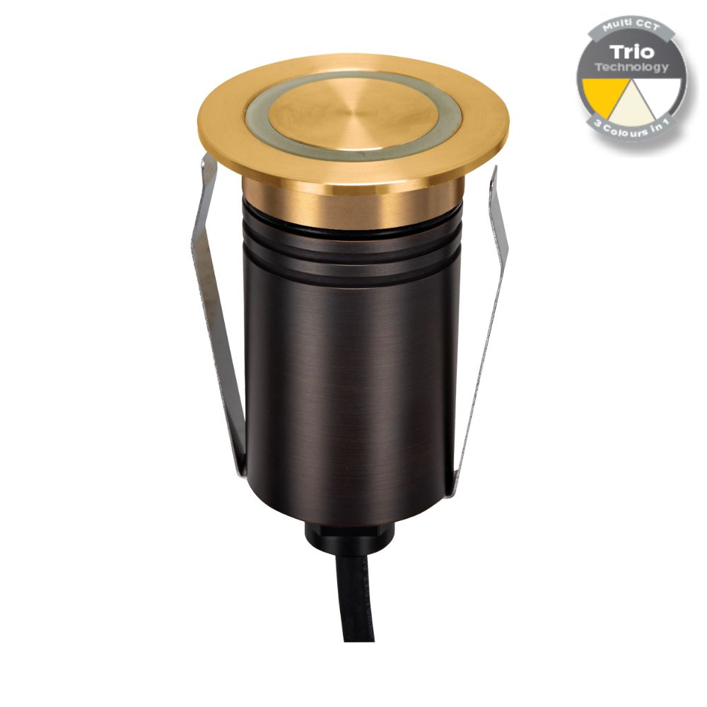 Domus EMIT-55-TRIO-BRS - 2.5W LED 12/24V DC Tri-Colour 55mm Mini Recessed Step & Inground Light IP67 Brushed Brass - DRIVER REQUIRED-Domus Lighting-Ozlighting.com.au