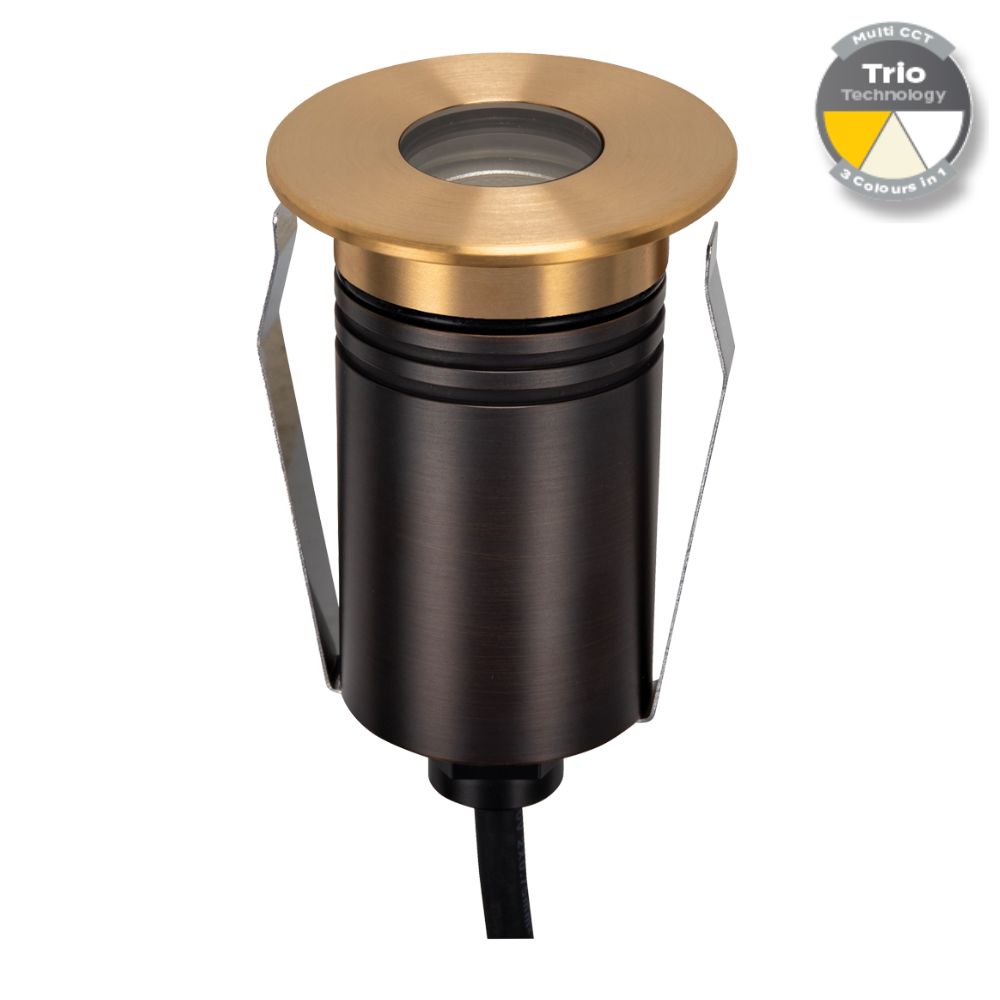 Domus EMIT-55-TRIO-BRS - 2.5W LED 12/24V DC Tri-Colour 55mm Mini Recessed Step & Inground Light IP67 Brushed Brass - DRIVER REQUIRED-Domus Lighting-Ozlighting.com.au