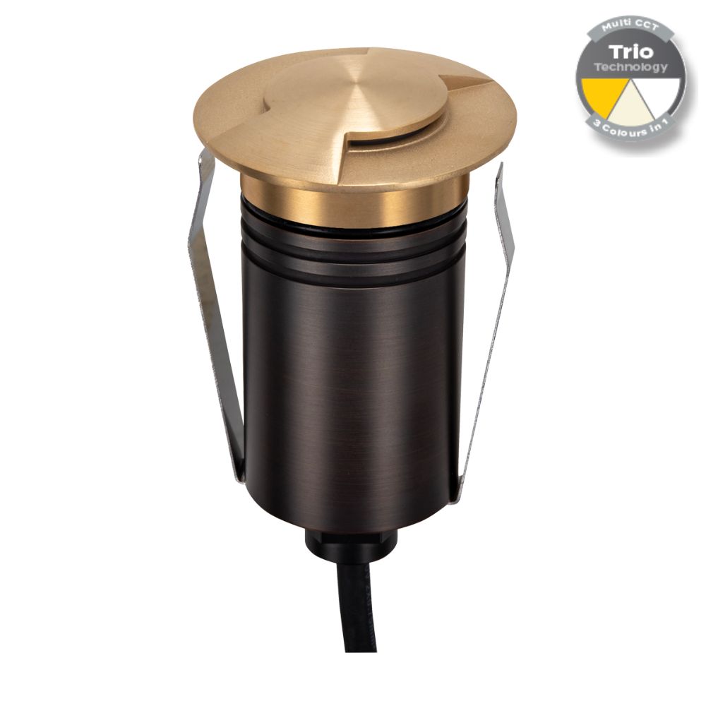 Domus EMIT-55-TRIO-BRS - 2.5W LED 12/24V DC Tri-Colour 55mm Mini Recessed Step & Inground Light IP67 Brushed Brass - DRIVER REQUIRED-Domus Lighting-Ozlighting.com.au