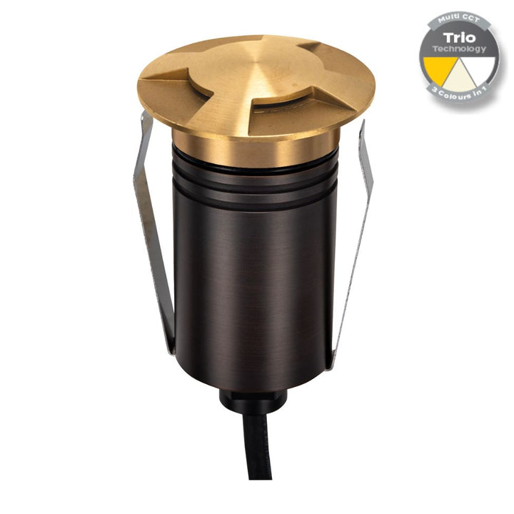 Domus EMIT-55-TRIO-BRS - 2.5W LED 12/24V DC Tri-Colour 55mm Mini Recessed Step & Inground Light IP67 Brushed Brass - DRIVER REQUIRED-Domus Lighting-Ozlighting.com.au