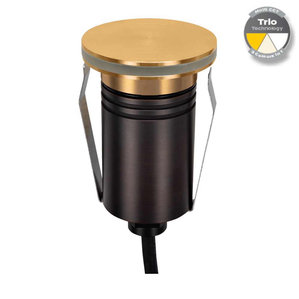 Domus EMIT-55-TRIO-BRS - 2.5W LED 12/24V DC Tri-Colour 55mm Mini Recessed Step & Inground Light IP67 Brushed Brass - DRIVER REQUIRED-Domus Lighting-Ozlighting.com.au