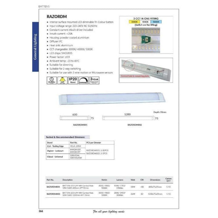 CLA RAZOR-DM - Colour Switchable LED Slimline Batten Tri-Colour - Short/Long-CLA Lighting-Ozlighting.com.au