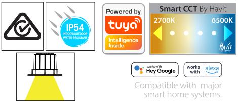 Havit PRIME-SMART - 12W LED Fixed Flat 88mm Smart Wi-Fi White CCT Tuneable Downlight IP54-Havit Lighting-Ozlighting.com.au