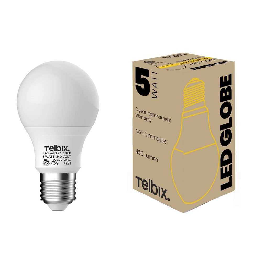 Telbix GLOBE-A60 - 5W LED GLS A60 Shape Frosted PC Globe - E27-Telbix-Ozlighting.com.au