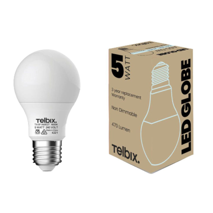 Telbix GLOBE-A60 - 5W LED GLS A60 Shape Frosted PC Globe - E27-Telbix-Ozlighting.com.au