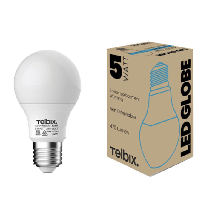 Telbix GLOBE-A60 - 5W LED GLS A60 Shape Frosted PC Globe - E27-Telbix-Ozlighting.com.au