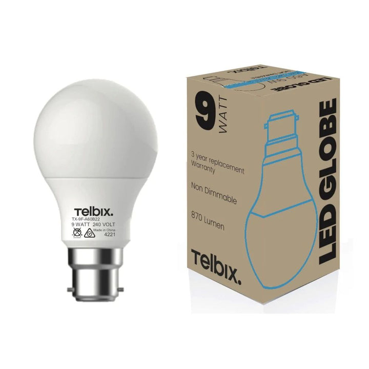 Telbix GLOBE-A60 - 9W LED GLS A60 Shape Frosted PC Globe - B22-Telbix-Ozlighting.com.au